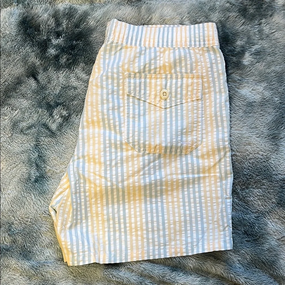 J. Crew Men’s Seersucker Swim Trunks in Light Blue and White Stripe